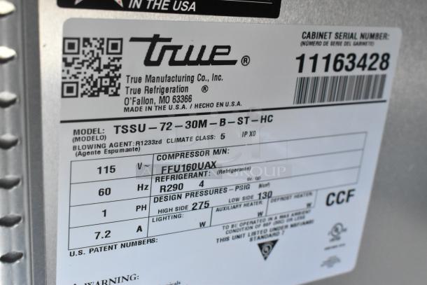 Label on True TSSU-72-30MB-ST-HC prep table shows model, 115V, 1 phase, R290 refrigerant, made in USA, serial 11163428.
