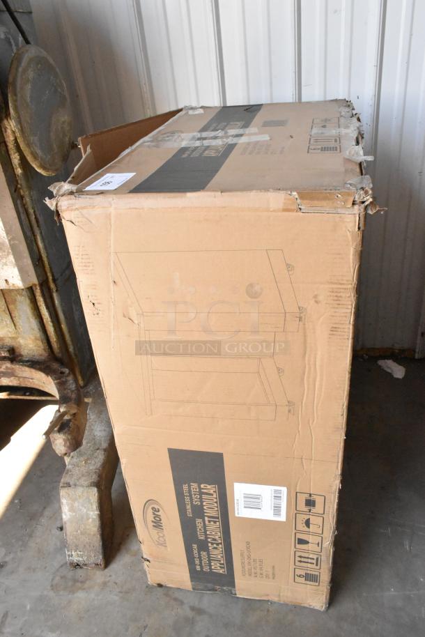KoolMore KM-OKS-UCRCAB stainless steel outdoor cabinet kitchen in original unpacked box, minor box damage visible.