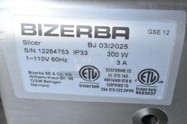 BRAND NEW 2025 Bizerba GSE 12 Metal Slicer label, 300W, 110V, 60Hz, IP33, with certification markings.