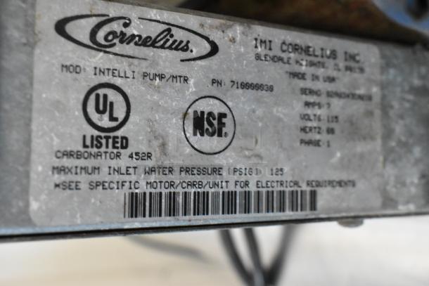 Cornelius Intelli Pump Motor, 115V, 1 Phase. Label shows UL, NSF certifications, and max inlet water pressure of 125 PSIG.