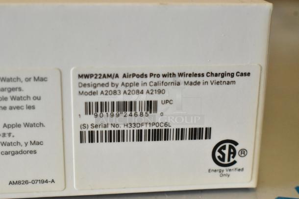 Apple AirPods Pro MWP22AM/A box with wireless charging case, model A2083, A2084, A2190, UPC 190199246850, serial H33DFT1POC6L.