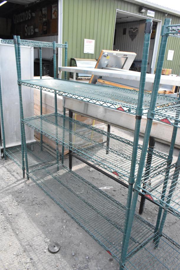 Green finish 3-tier wire shelving unit, used condition, buyer must dismantle, freight charges apply.