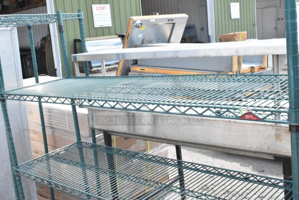 Green finish 3-tier wire shelving unit, sturdy metal construction, pre-owned. Buyer must dismantle for shipping.