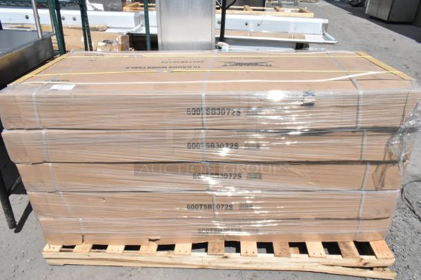 5 Regency 600TSB3072S stainless steel work tables, 30"x72", in packaging. 16-gauge steel, 4" backsplash, undershelf, new condition.