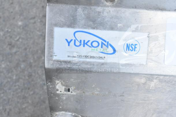 Yukon Stainless Steel 3 Bay Sink with dual drain boards, model 120-YS3C24241424LR, NSF certified, no legs included.