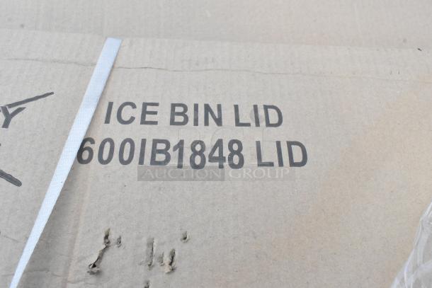 Cardboard box labeled "ICE BIN LID 600IB1848 LID." Contains new Regency stainless steel sliding lid for 18"x48" underbar ice bin.