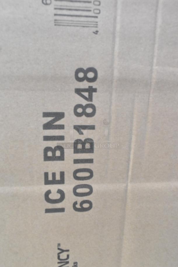 Cardboard box labeled "ICE BIN 600IB1848," containing Regency stainless steel sliding lid and underbar ice bin. Brand new.