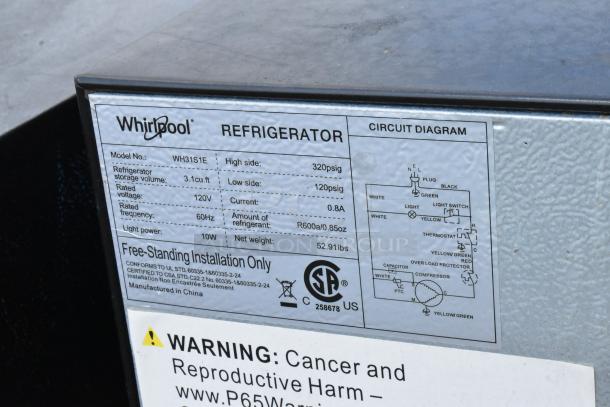 Whirlpool WH31S1E mini cooler label with circuit diagram and specifications. Includes 3.1 cu. ft. capacity, 120V, 60Hz.