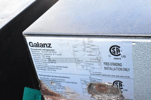 Galanz GLR31TS1E02 mini cooler label, 3.1 cu. ft. fridge capacity, 120V, free-standing. Includes Whirlpool, Nostalgia, Magic Chef models.