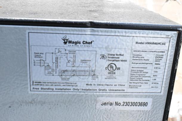Close-up of Magic Chef HMAR45HCSE label showing specifications, UL listing, and serial number 2303003690.