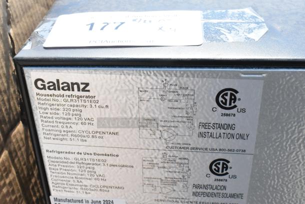 Galanz GLR31TS1E02 mini cooler, 3.1 cu.ft capacity, visible label with specs; part of 4 cooler auction lot.