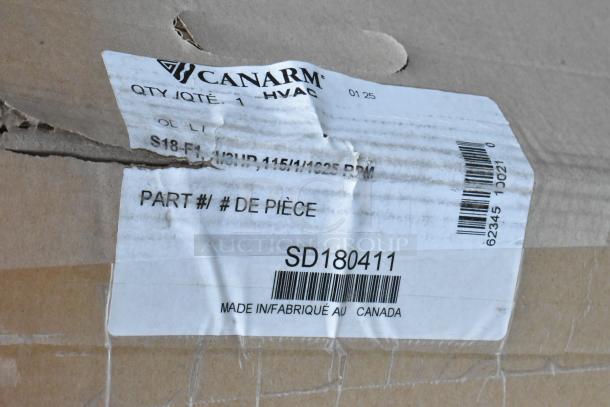 BRAND NEW SCRATCH AND DENT! Canarm SD180411 18" Wall Exhaust Fan, 3,200 CFM, 1/3 hp, 1-Speed, 1 Phase, Model S18-F1. Box labeled.