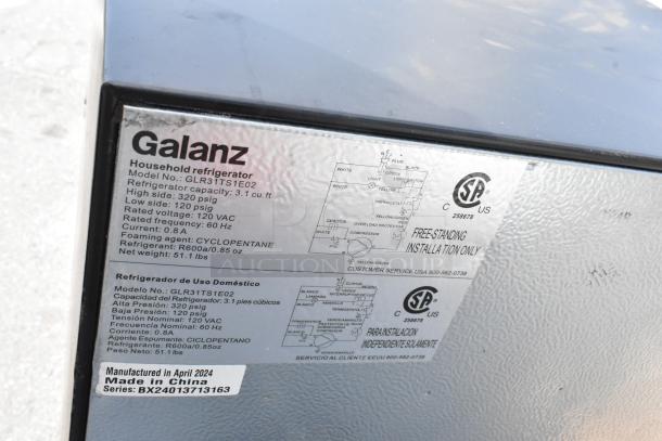 Galanz GLR31TS1E02 Mini Cooler with Freezer. 3.1 cu ft capacity, 115 Volts, 1 Phase. Manufactured April 2024, Made in China.