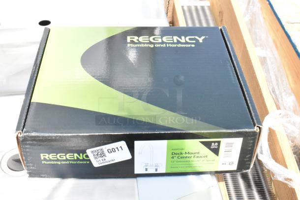 Box of Regency Plumbing faucet components, showing branding and product details. Box labeled "Deck-Mount 4" Center Faucet."