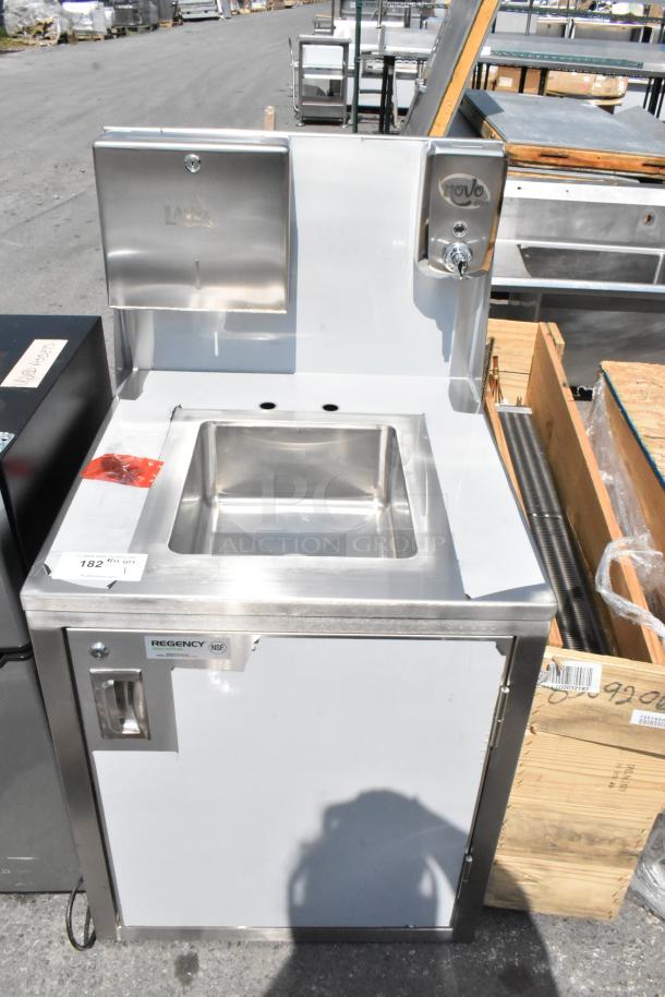 Brand new Regency 600PHS24HC portable hand sink cart with an 8" swivel gooseneck faucet, minor scratches visible.