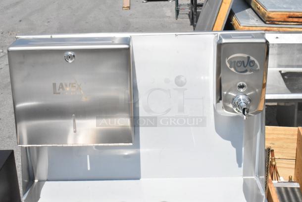 Regency portable hand sink cart with Lavex paper towel dispenser and Novo soap dispenser. Features 8" swivel gooseneck faucet.