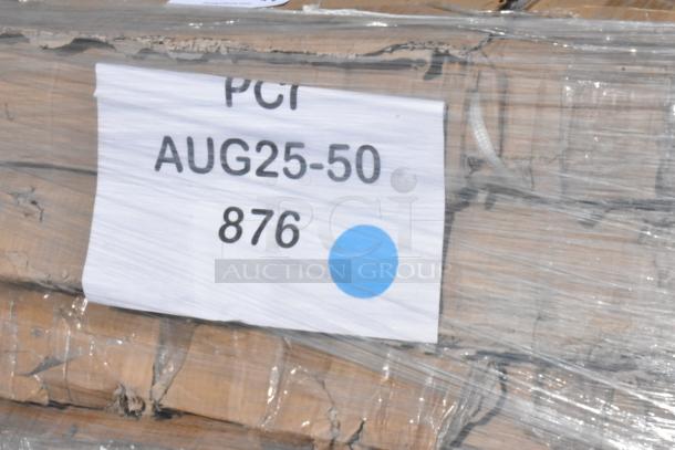 Wrapped pallet with labeled tag showing "PCI", "AUG25-50", "876", and a blue dot, possibly containing auction items.