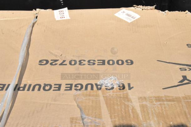 Cardboard box with visible shipping labels and damage. Contents include Regency utility sink, wire security cage, and shelving post.