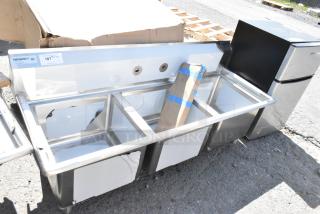 Brand new Regency 600S31717 60" stainless steel 3-compartment commercial sink, 16 gauge, with slight scratches, 17"x17"x12" bowls.