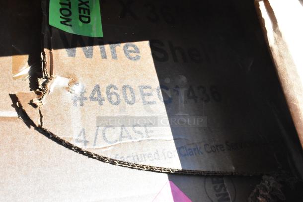 Damaged cardboard box marked "#460EC1436 4/CASE," potential contents include a Regency 14" x 36" wire shelf.