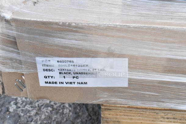 Cardboard box wrapped in plastic, label showing Regency 12"x15"x78" 6-tier black locker, unassembled, made in Vietnam.