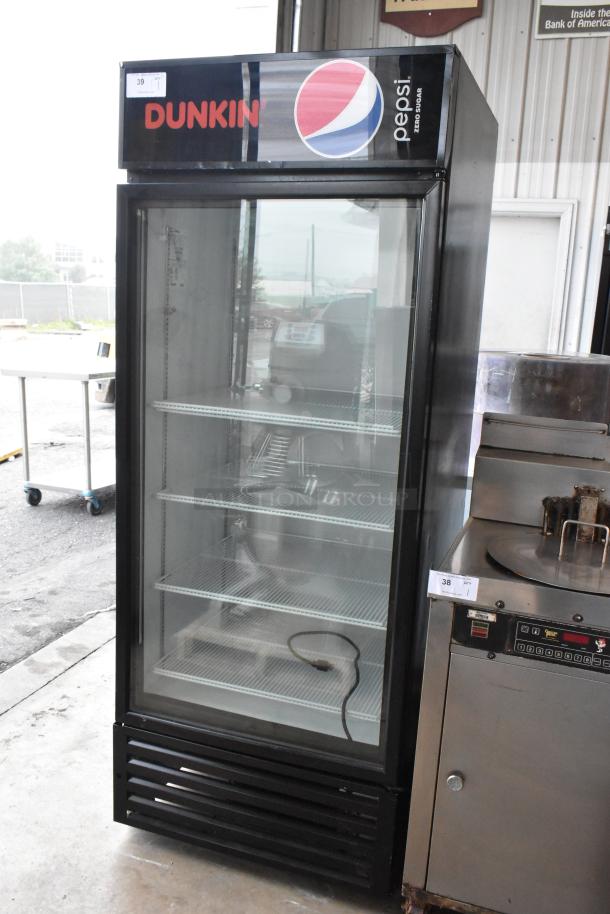 Criotec CFX-26 BB HC single door cooler merchandiser with poly-coated racks. Features Dunkin' and Pepsi branding.