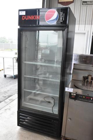 Criotec CFX-26 BB HC single door cooler merchandiser with poly-coated racks. Features Dunkin' and Pepsi branding.
