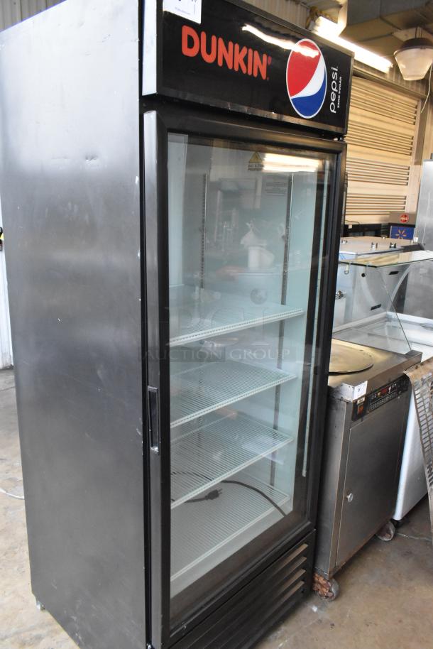 Criotec CFX-26 BB HC metal single door reach-in cooler merchandiser with poly coated racks, 115 volts, 1 phase, branded with Dunkin' and Pepsi logos.
