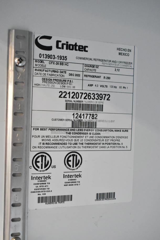 Criotec CFX-26 BB HC metal single door cooler with poly coated racks, 115 volts, 1 phase. Manufacturing date: Dec 2022.