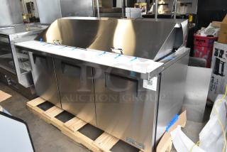 "Brand new True TSSU-72-30MB-ST-HC stainless prep table, 115V, with minor scratches. Features bain marie mega top, 2025 model."