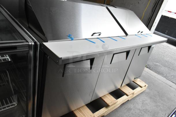 Brand new True TSSU-72-30MB-ST-HC stainless steel sandwich salad prep table, 2025 model, on pallet.