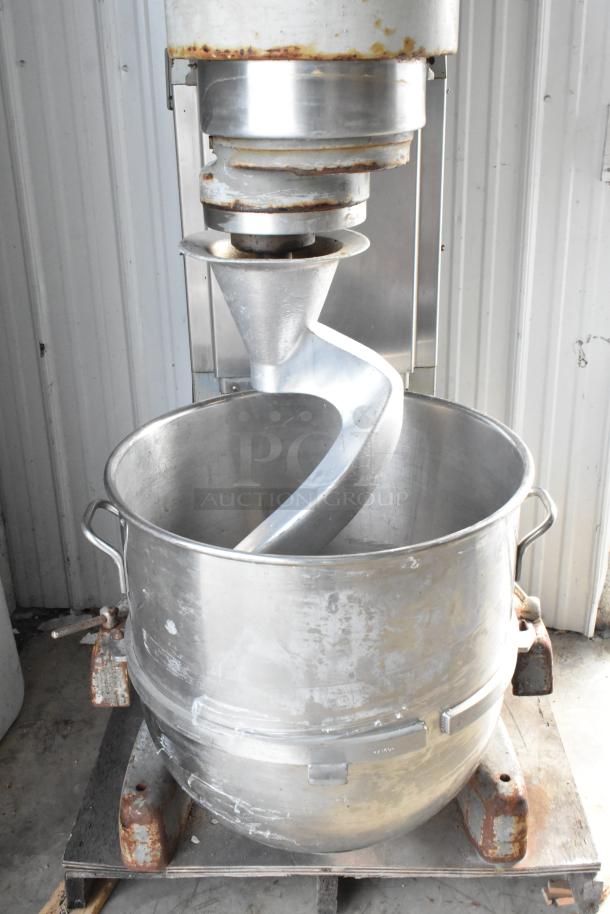 Hobart V-1401 140 Quart Planetary Dough Mixer with bowl and dough hook, metal construction, commercial use, shows wear.