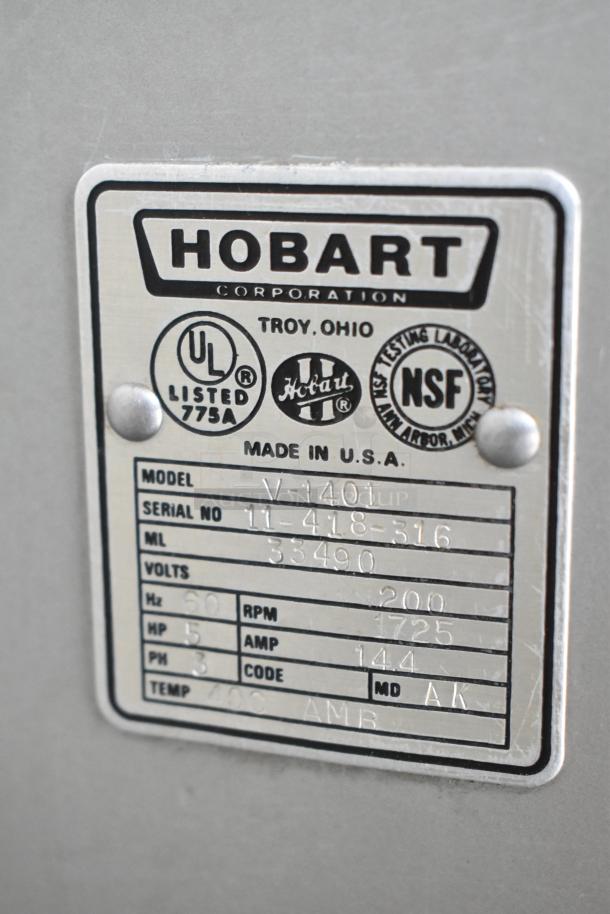 Hobart V-1401 metal commercial floor mixer, 140-quart capacity, includes bowl and dough hook. 200V, 3-phase. Model info plate visible.