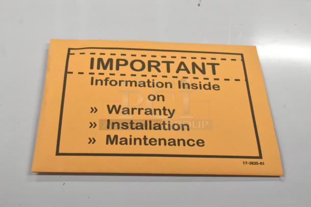 Yellow envelope labeled "IMPORTANT" for warranty, installation, maintenance information, item number 17-3835-01.