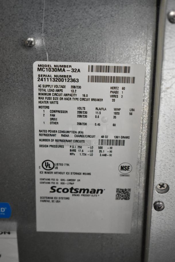 Brand new Scotsman MC1030MA-32A stainless steel ice machine. 2024 model, 208/230V, 1 phase, full cube, Prodigy ELITE®.