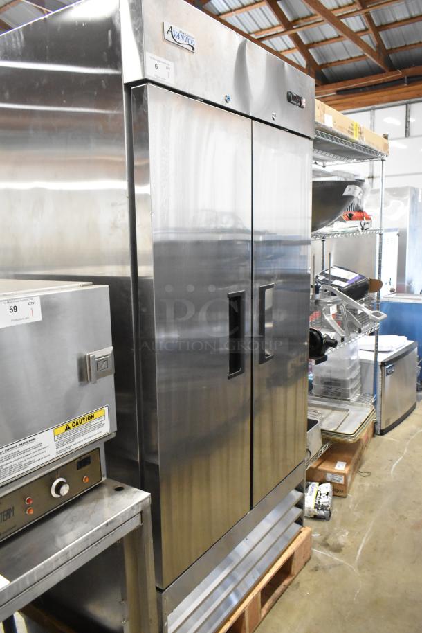 Brand new Avantco 178A35RHC stainless steel two-door reach-in cooler with poly-coated racks. Scratch and dent condition. 115V, 1 Phase.