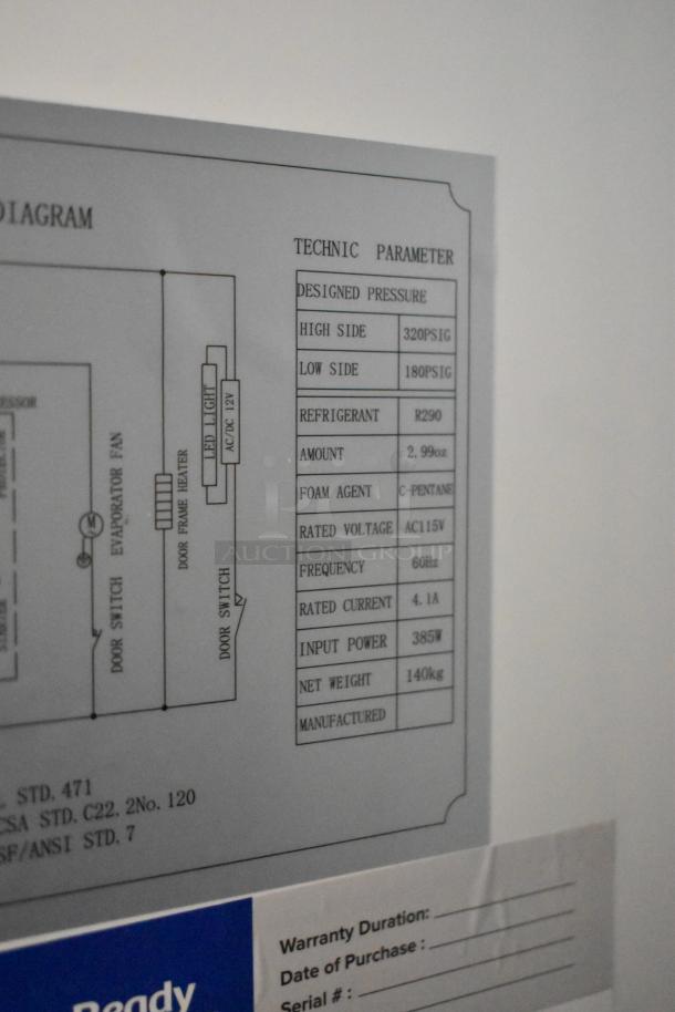 Stainless steel commercial cooler label showing technical specifications for Avantco Model 178A35RHC; 115V, 1 Phase.