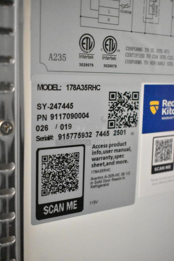 QR codes and model details on the Avantco 178A35RHC reach-in cooler. Tags show certification, manual access info.
