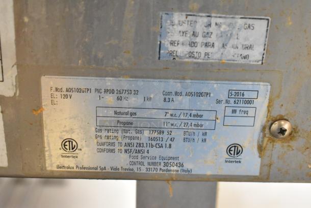 Label on 2016 Electrolux AOS102GTP1 Stainless Steel Combi Oven; model, gas specs, and compliance details visible.