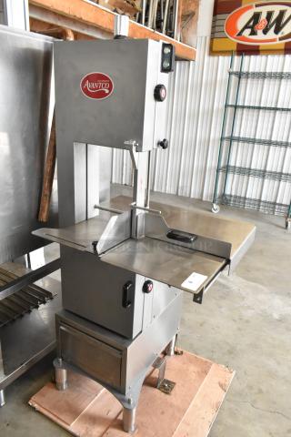 Brand new Avantco 177EMBS94SS stainless steel vertical band meat saw, 94" blade, 220/240V, 3 Phase, floor model.