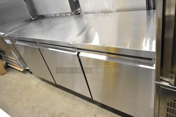 Brand new Avantco 178SSUD3R stainless steel 3-door undercounter cooler. Slight dent. On commercial casters, 115V, 1 phase.