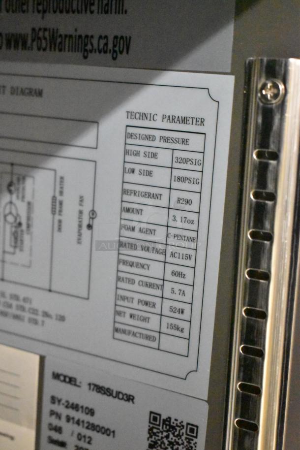 Avantco 178SSUD3R cooler label showing model, voltage (115V), refrigerant details, and technical specs.