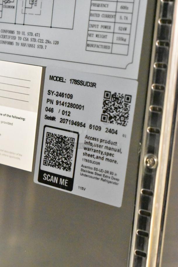 Avantco 178SSUD3R stainless steel undercounter cooler label showing model, serial number, and QR code for product info.