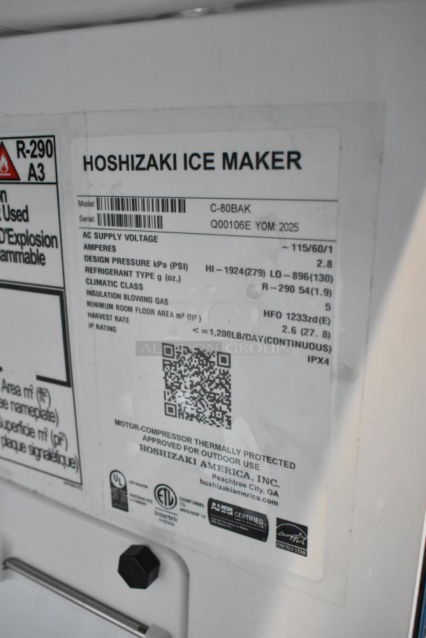 2025 Hoshizaki C-80BAK Ice Machine label, showing model, serial number, specifications, and certifications.