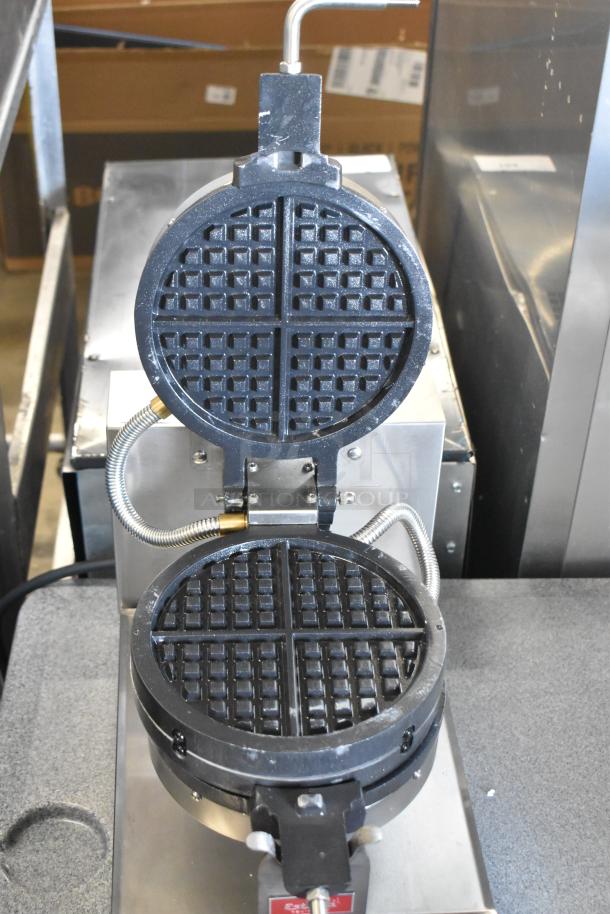 Brand new Estella 348WSMXS2A stainless steel stacked waffle maker, 2024 model, 120V, 1 Phase. Some minor dents visible.