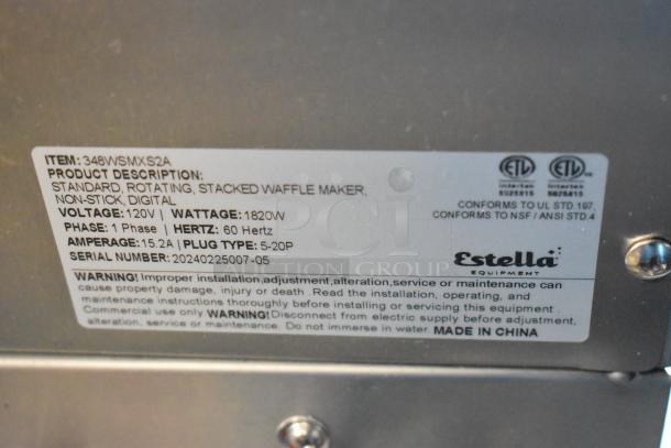 BRAND NEW 2024 Estella 348WSMXS2A Stainless Steel Commercial Waffle Maker tag. 120V, 1 Phase, 1820W, non-stick.
