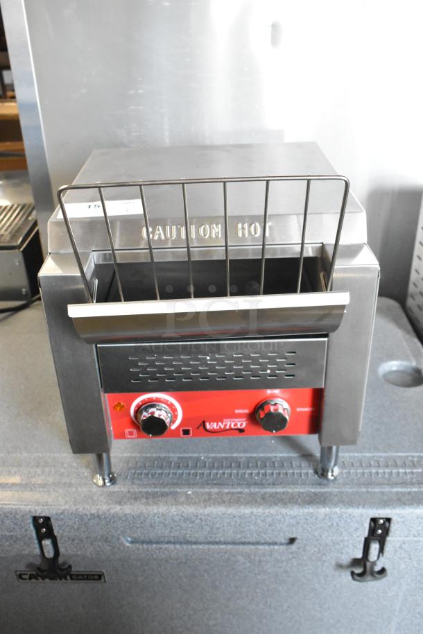 Brand new Avantco 184T140 stainless steel conveyor toaster, 10" wide, 3" opening. 300 slices/hour, 115V, 1 Phase. "Caution Hot" label.