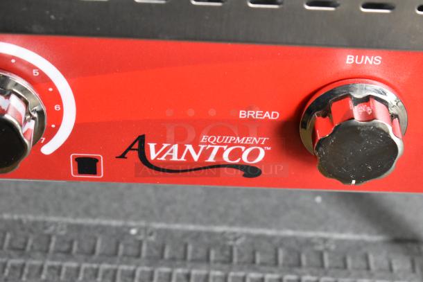 BRAND NEW Avantco 184T140 10" Conveyor Toaster close-up, showing bread and buns settings. Stainless steel. 115 Volts.