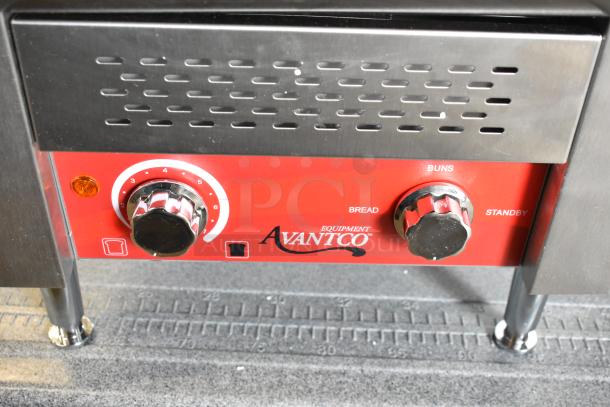 Avantco 184T140 stainless steel conveyor toaster, 10" wide, with bread and buns settings, 300 slices/hour, 115V, 1 phase.