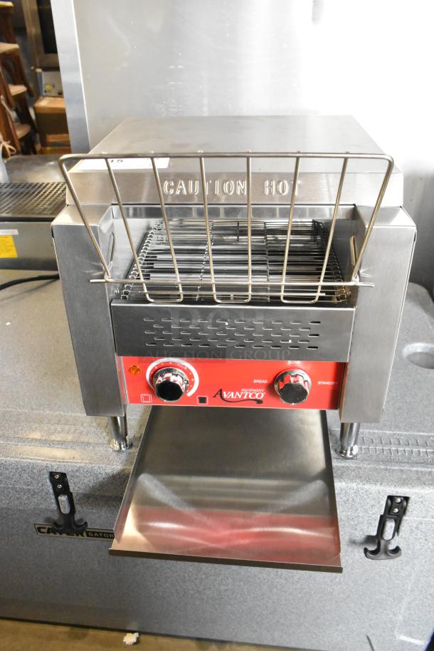 Brand new Avantco 184T140 stainless steel conveyor toaster, 10" wide, 3" opening, 300 slices/hour, 115V, scratch and dent.